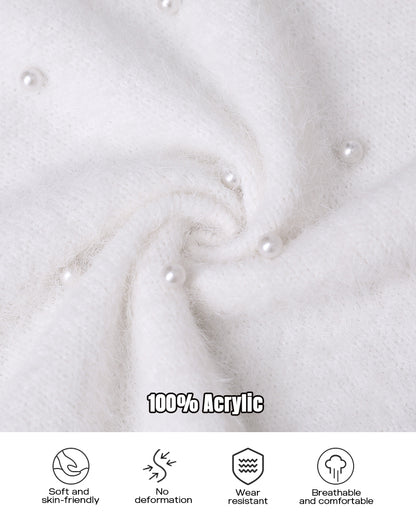 V Neck Long Sleeve Beaded Decor Oversized Sweater Fluffy Pullover Top