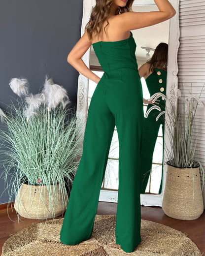 Asymmetrical Bandeau Strapless Jumpsuit Metal Button Decor Casual Overalls