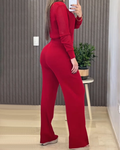Round Neck Long Sleeve Vertical Pit Texture Top and Casual Wide Leg Pants Set