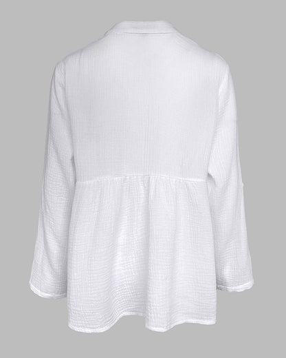 Notch Neck Roll Up Sleeve Lace Overlay Shirt Half Button Front Ruffle Hem Casual Top