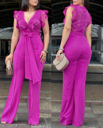 V Neck Scallop Trim Sleeve Lace Patchwork Bow Tie Waist Jumpsuit Casual Seam Front Zipper Back Wide Leg Jumpsuit