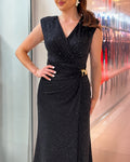 Women's Glitter Deep V Neck Sleeveless Maxi Evening Dress Ruched Wrapped Slit Formal Gown