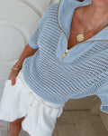Women's Half Zip Polo Knit Top Short Sleeve Hollow-out Sweater