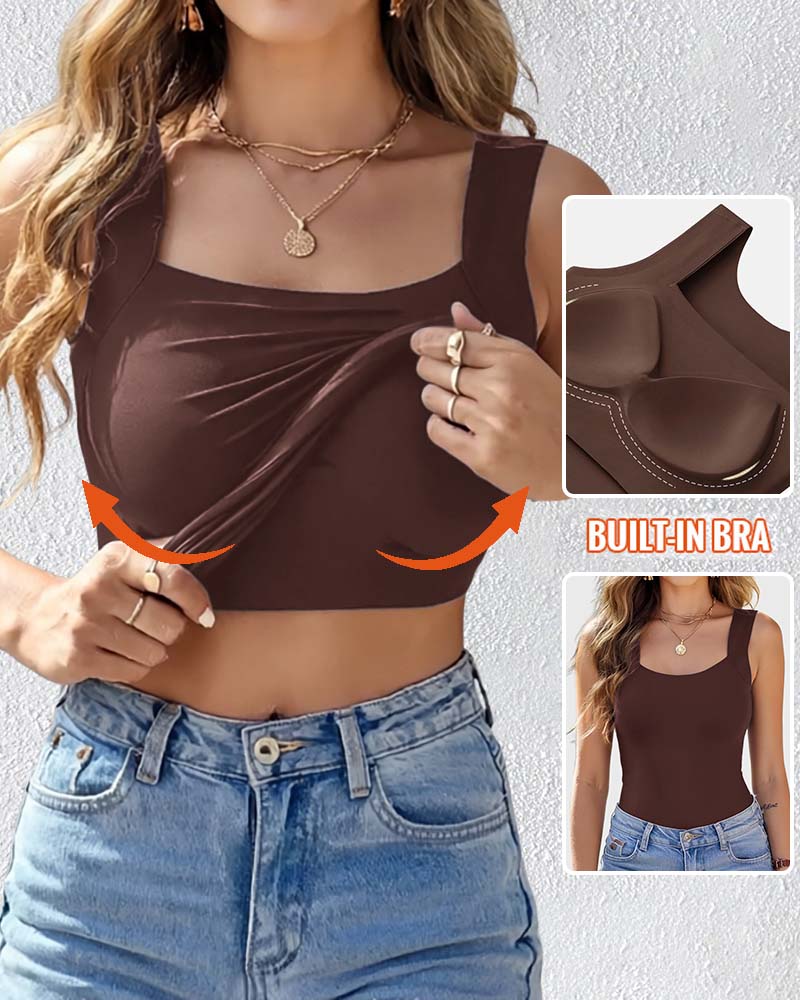 U Neck Sleeveless Tank Seamless Skinny Layering Top Built Bra