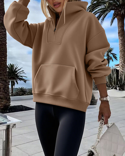 High Neck Half Zip Long Sleeve Kangaroo Pocket Sweatshirt Casual Drop Shoulder Top