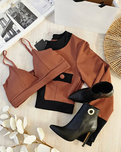 2 Pieces Outfit Colorblock Open Front Cropped Jacket with Spaghetti Strap Bandeau