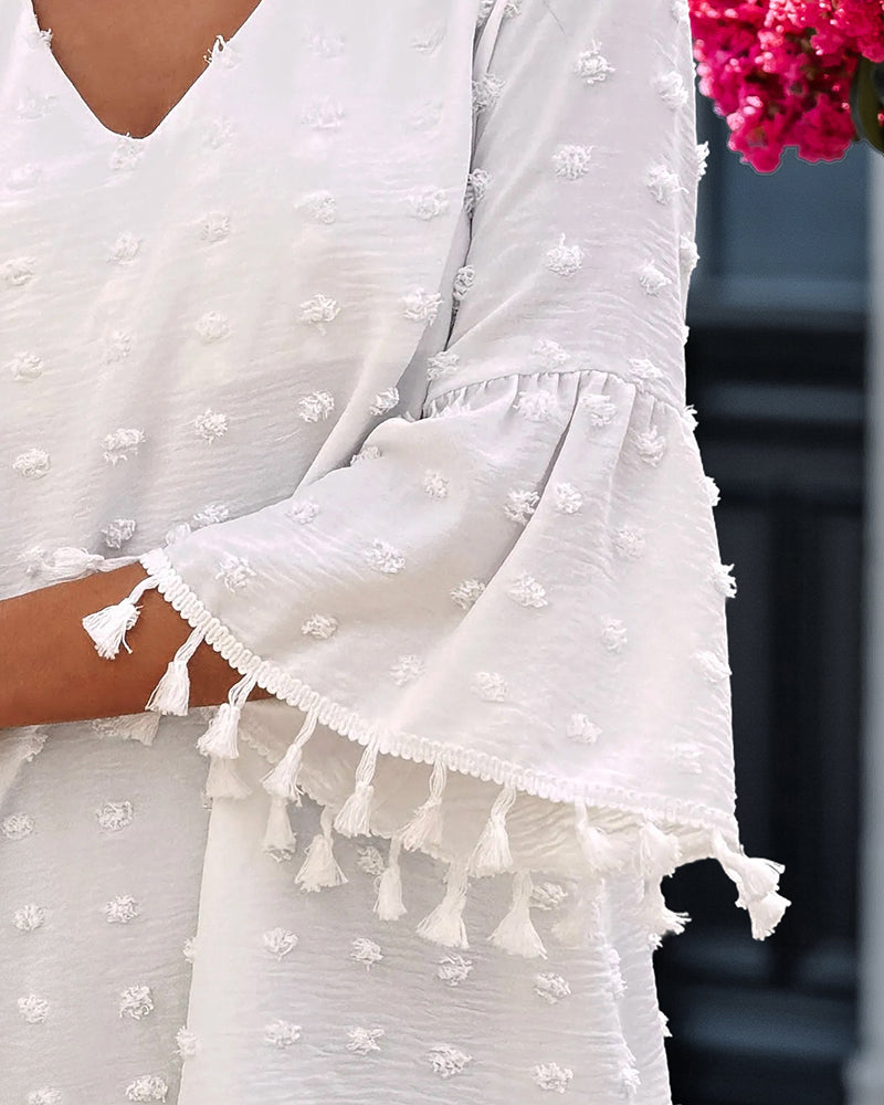 Large Swiss Dot  V-Neck Bell Sleeve Mini Dress Casual Loose Fit Dress