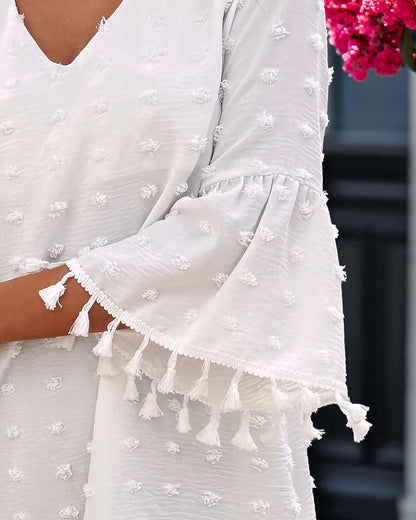 Large Swiss Dot  V-Neck Bell Sleeve Mini Dress Casual Loose Fit Dress