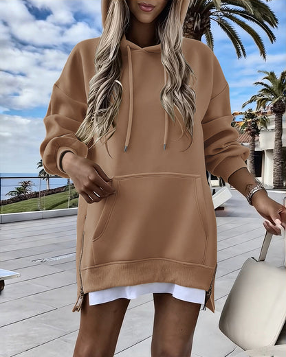 Long Sleeve Pocket Design Pullover Sweatshirt Casual Faux Two Piece Longline Drawstring Hooded Top