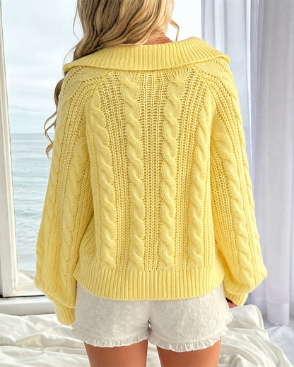 Women's Half Zip Cable Knit Sweater Lapel Long Sleeve Loose Pullover with Thumb Holes