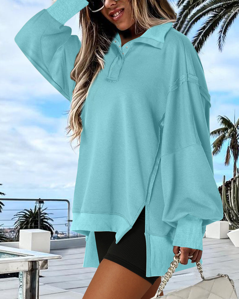 Polo Collar Long Sleeve Sweatshirt Loose Fit Side Slit Dip Hem Casual Top