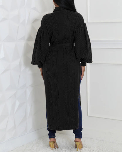 Cable Textured High Neck Lantern Sleeve Bow Tie Waist Sweater Casual High Slit Knit Longline Top