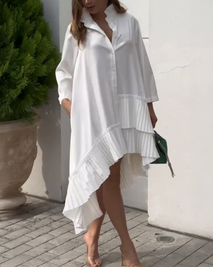 Pleated High Neck Button Down Asymmetrical Pleated Ruffle Hem Vacation Dress Casual High-Low Hem Loose Dress