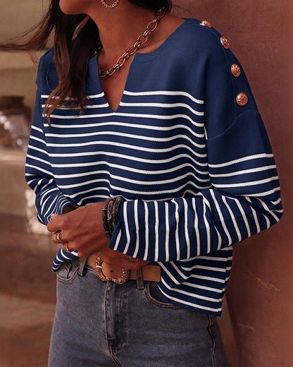 Women's Striped Knit Top Notch Neck Gold Button Drop Shoulder Long Sleeve Sweater
