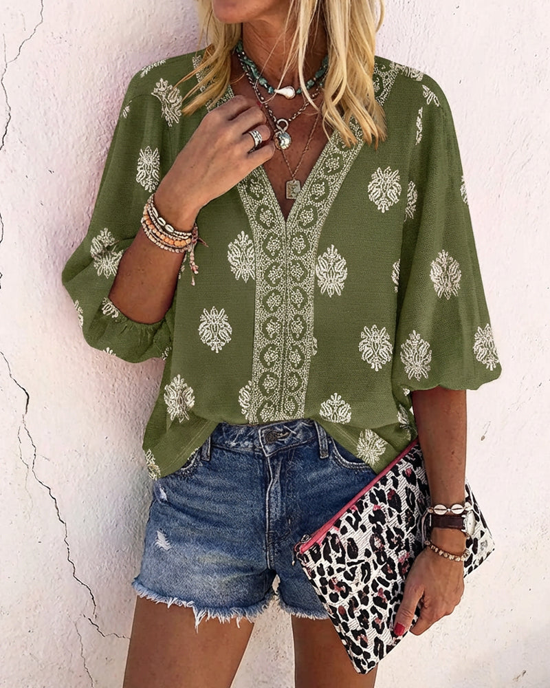 Vintage Baroque Placement Print V-Neck Lantern Sleeve Blouse Casual Long Sleeve Loose Fit Boho Top