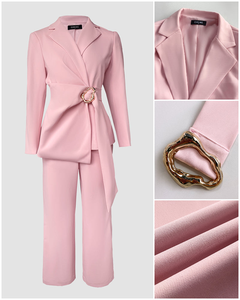 2 Pieces Outfit Metal Ring Decor Notched Collar Cinched Waist Wrap Front Coat and Zipper Fly Elastic Back Waist Pants Set Casual Blazer Set