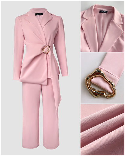 2 Pieces Outfit Metal Ring Decor Notched Collar Cinched Waist Wrap Front Coat and Zipper Fly Elastic Back Waist Pants Set Casual Blazer Set