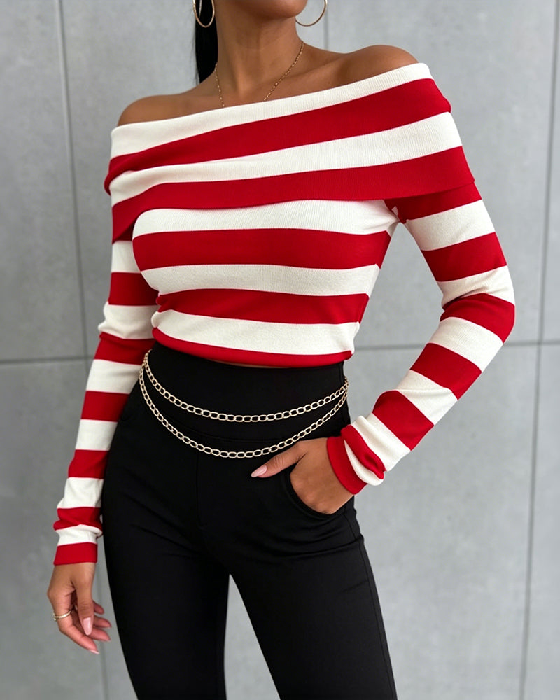 Women's Foldover Off Shoulder Striped Pullover Long Sleeve Slim Fit Knit Top