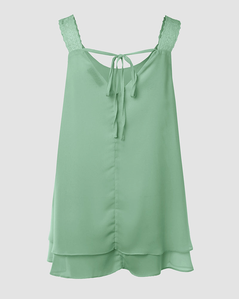 U-Neck Thick Strap Tank Contrast Lace Tied Detail Top