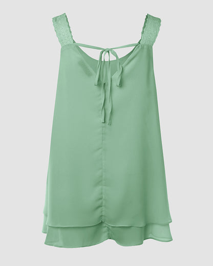 U-Neck Thick Strap Tank Contrast Lace Tied Detail Top