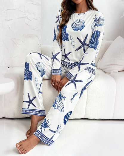 Women's 2 Piece Ocean Style Pajama Set Long Sleeve Top and Wide Leg Pants Casual Lounge Set