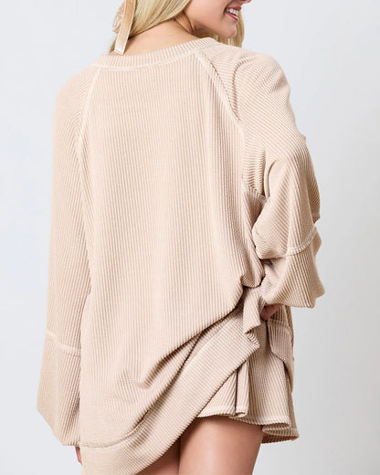 Women's 2 Piece Textured Set Lantern Sleeve Side Slit Loose Top and Ruffle A Line Skort