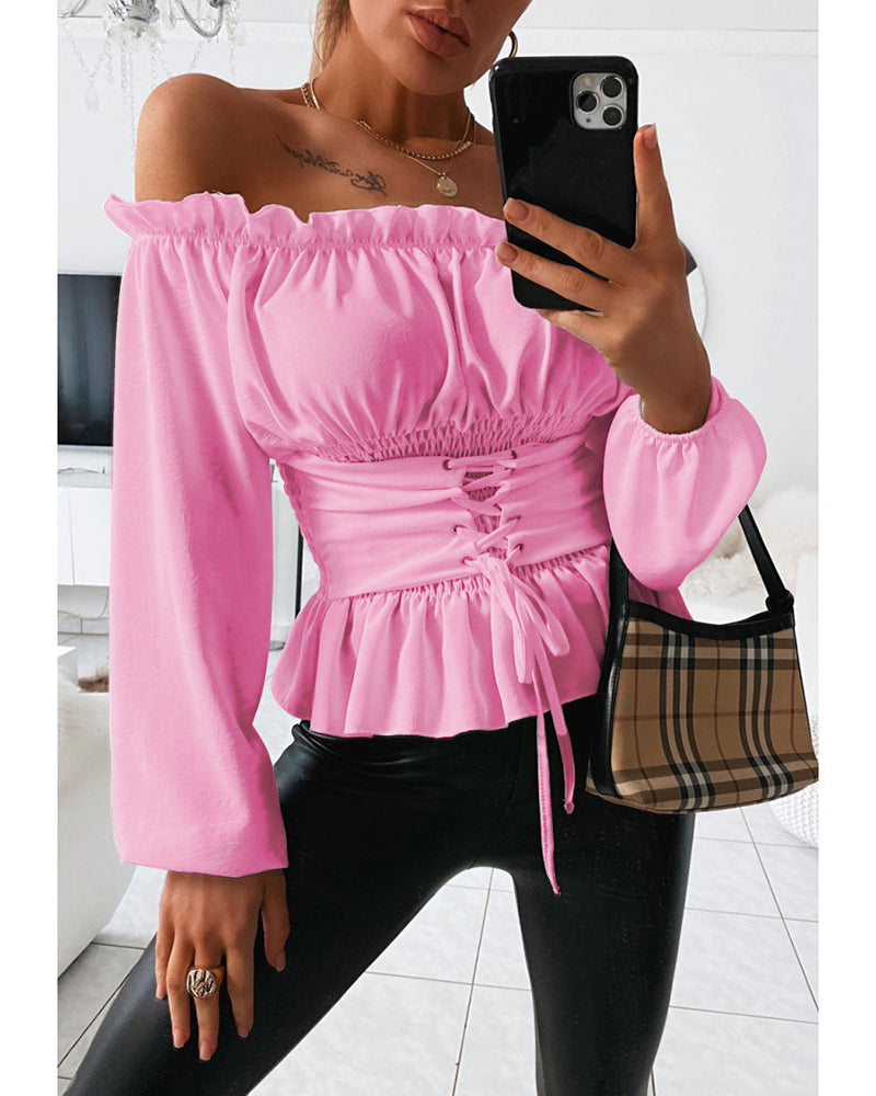 Off Shoulder Lace Up Front Casual Blouse