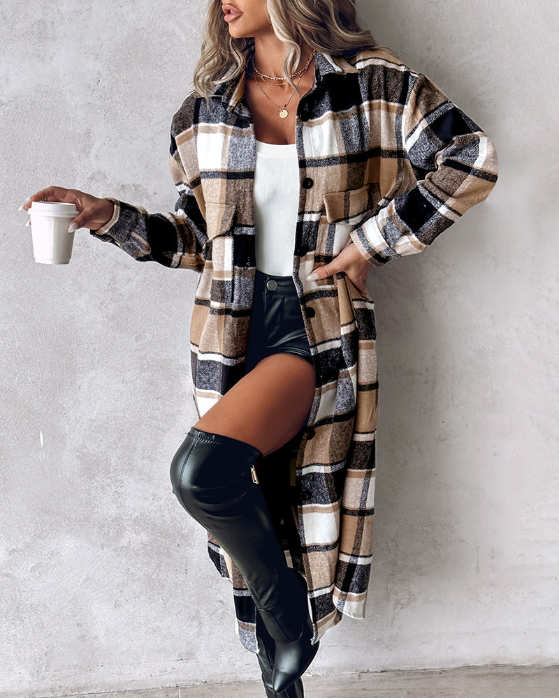 Plaid Print Buttoned Pocket Design Longline Coat