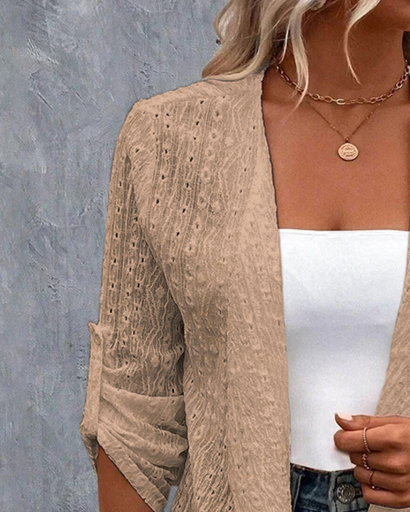 Eyelet Embroidery Turn-Up Sleeves Open Front Coat