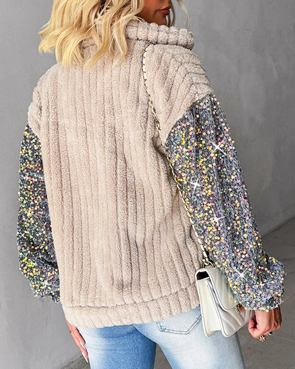 Turn-down Collar Sequin Patch Teddy Jacket