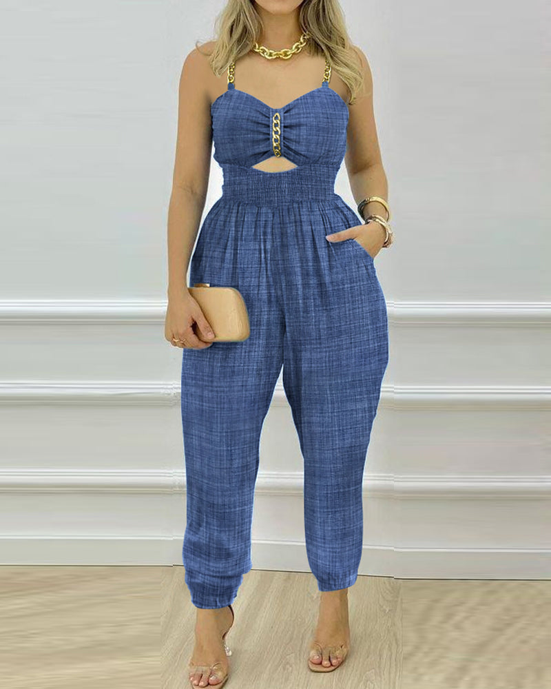 Women's Chain Strap Jumpsuit Hollow Out Shirred Waist Overalls Casual Jogger Jumpsuit with Pockets