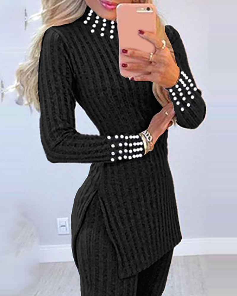 2 Piece Outfits Long Sleeve Beaded Side Slit Knit Top High Waist Skinny Pants Lounge Sets