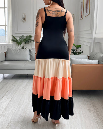 Spaghetti Strap Colorblock Ruched Ruffles Maxi Dress