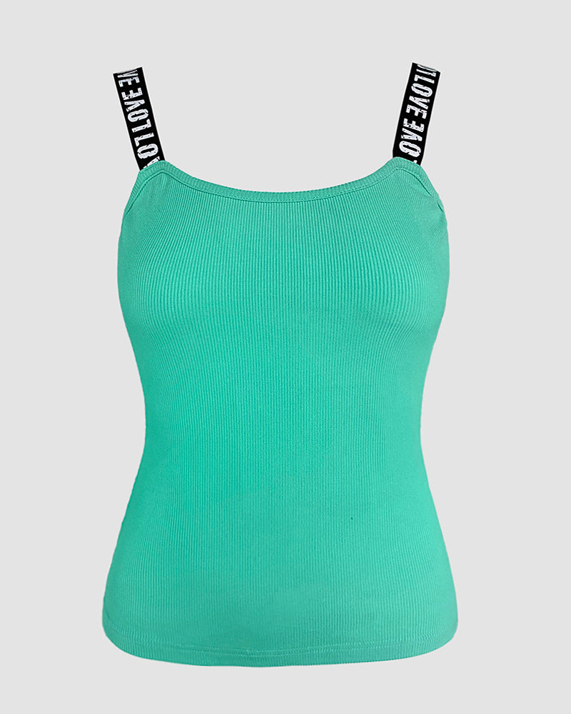 Women's Letter Strap Tank Top Ribbed Slim Fit Sleeveless Strechy Knit Cami Top