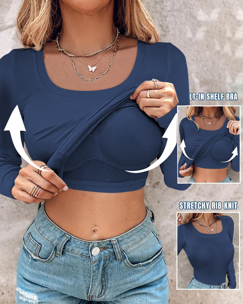 Chicme Built In Bra U Neck Long Sleeve Ribbed Top