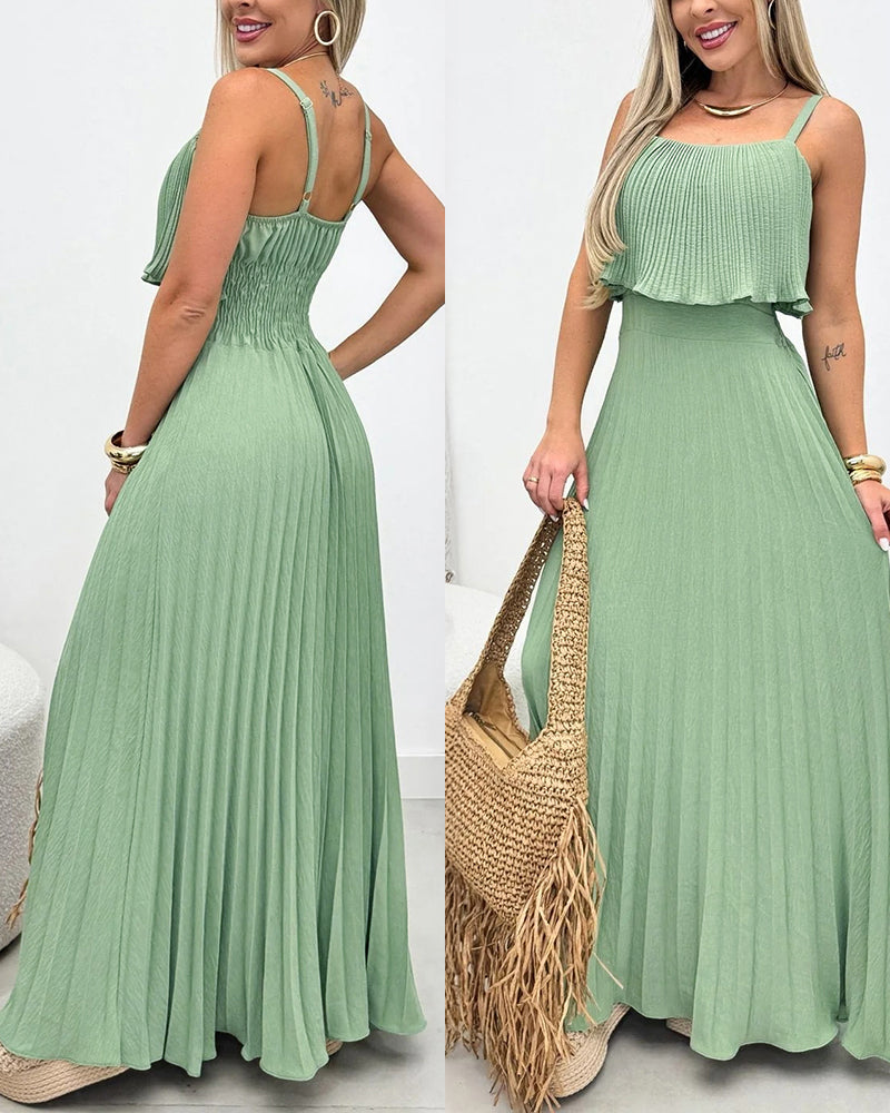 French Style Adjustable Spaghetti Straps Pleated Overlay Design Cami Dress Casual Cinched Waist Shirred Back Pleated Vacation Dress