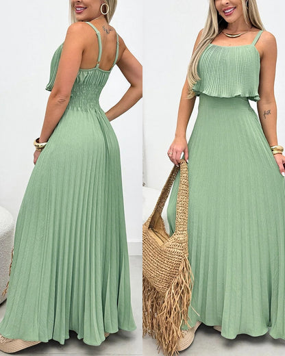 French Style Adjustable Spaghetti Straps Pleated Overlay Design Cami Dress Casual Cinched Waist Shirred Back Pleated Vacation Dress