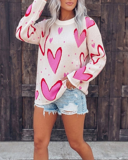 Women's Heart Pattern Loose Sweater Crewneck Long Sleeve Pullover Top