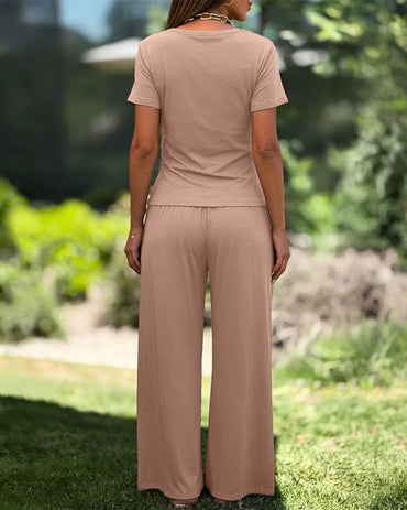 Women's Two Piece Set Cowl Neck Ruched Asymmetrical Top and High Waist Wide Leg Pants with Pockets
