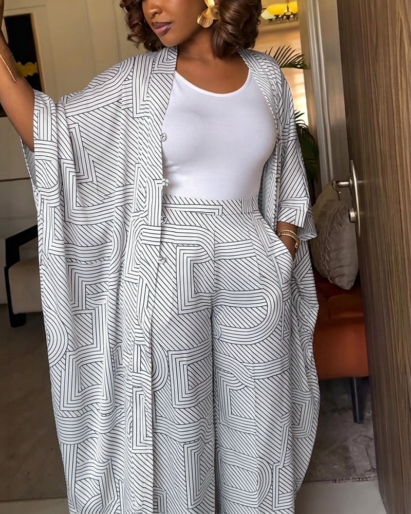 Women's Geometric Print 2 Piece Outfits Batwing Sleeve Loose Longline Cardigan and High Waisted Wide Leg Pants Set