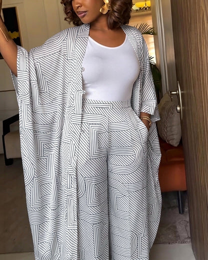 Women's Geometric Print 2 Piece Outfits Batwing Sleeve Loose Longline Cardigan and High Waisted Wide Leg Pants Set