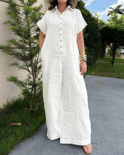 Turn-down Collar Short Sleeve Button Front Breathable Overalls Casual Wide Leg Linen Jumpsuit