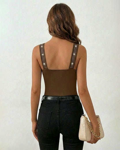 Rhinestone Decor Square Neck Thick Strap Backless Slim Fit Tank Top