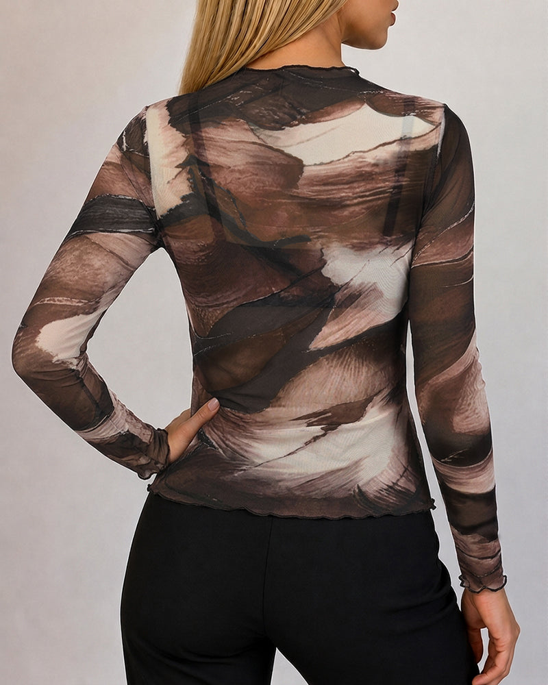 Women's Sheer Mesh Tie Dye Print Mock Neck Frill Trim Long Sleeve Top