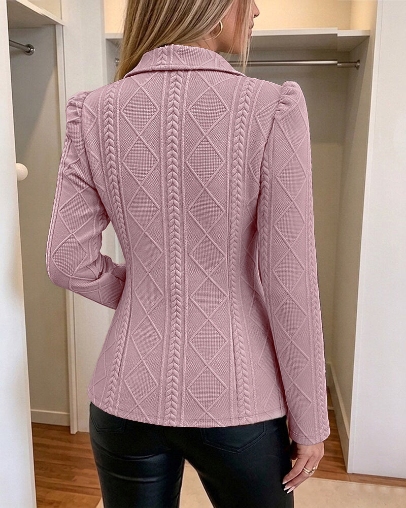 Blazer elegante de mujer con textura de cuadros de rombos, corte entallado, mangas abullonadas y botones dorados, chaqueta de traje para oficina con bolsillos