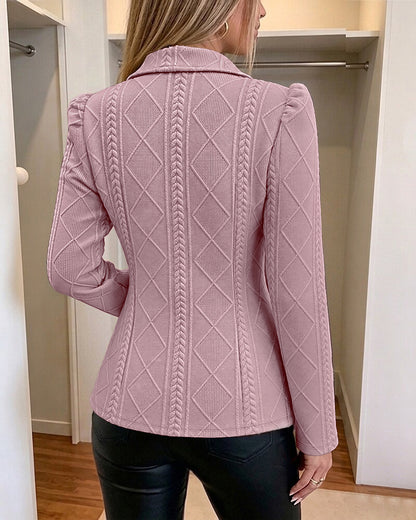 Blazer elegante de mujer con textura de cuadros de rombos, corte entallado, mangas abullonadas y botones dorados, chaqueta de traje para oficina con bolsillos