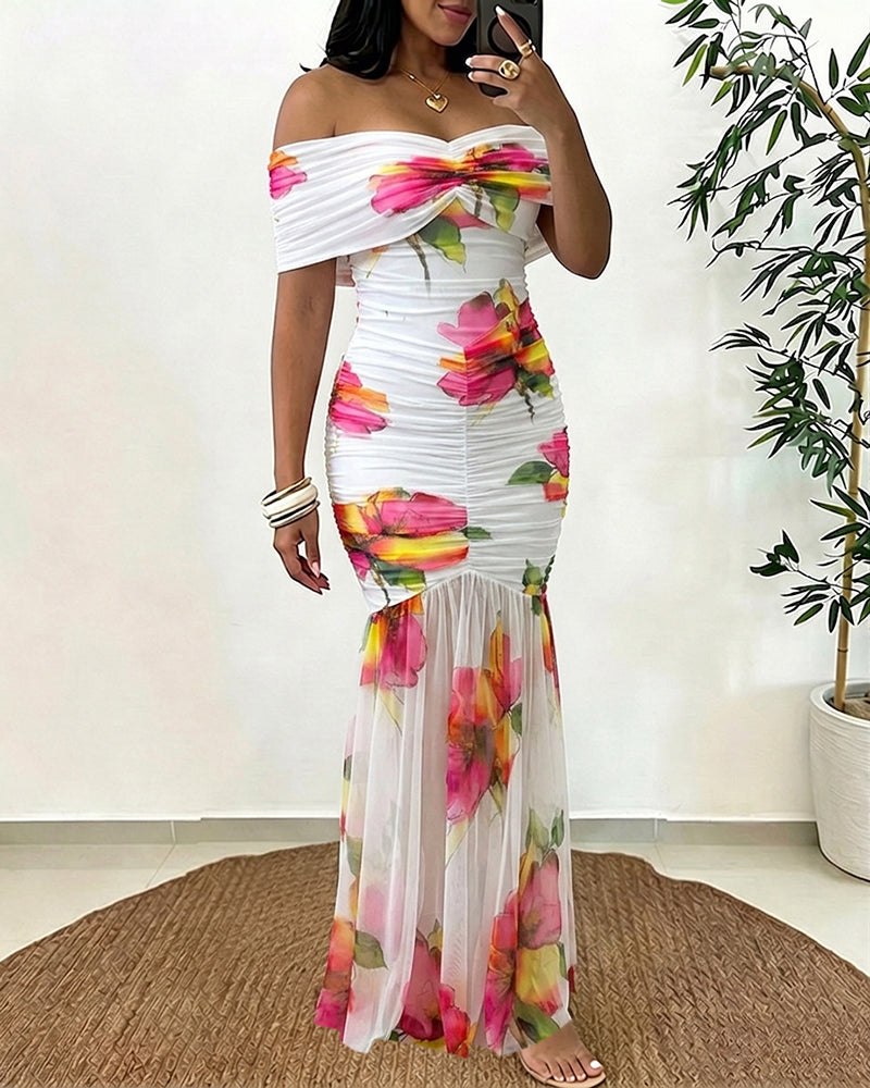 Women's Off Shoulder Floral Mesh Maxi Dress Ruched Bodycon Mermaid Dress Elegant Evening Gown with Detachable Clear Straps