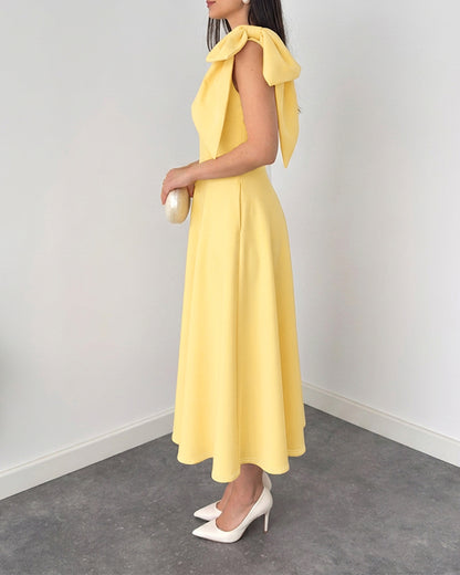 Women's Bowknot A Line Midi Dress Sleeveless Crewneck High Waist Party Dress Elegant Evening Gown