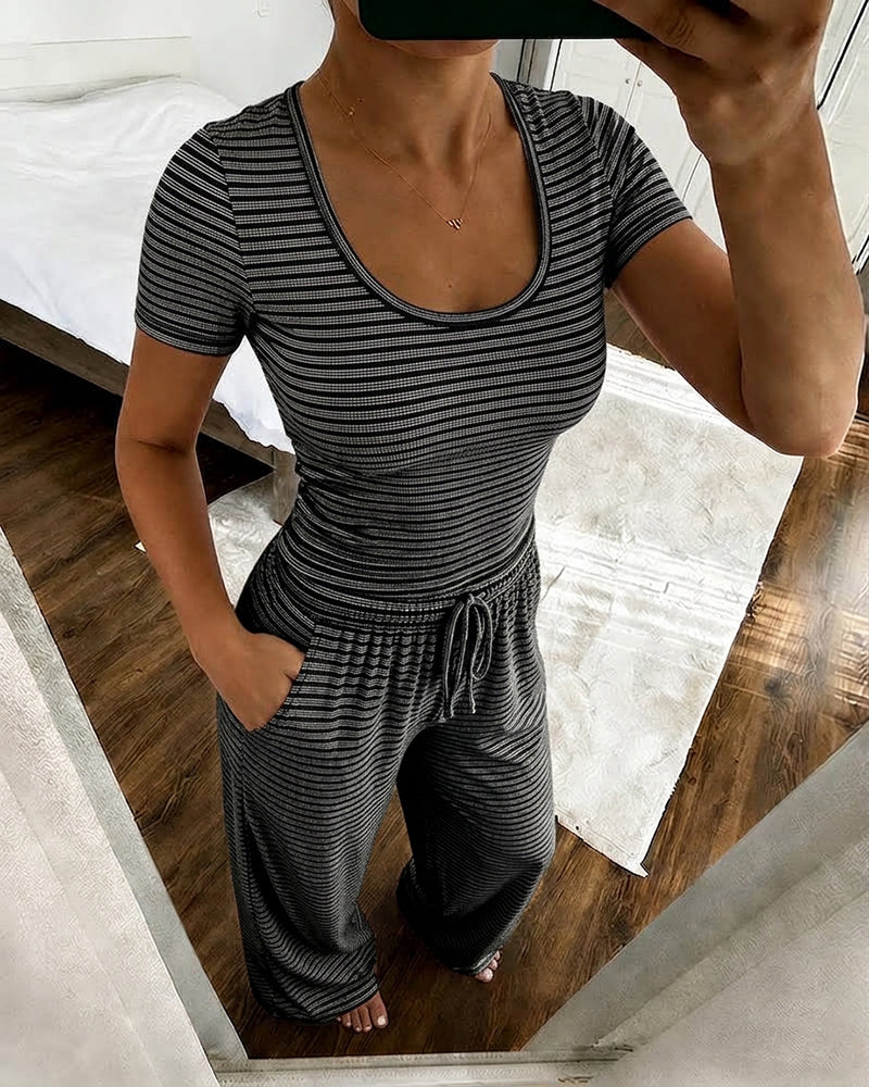 Women's 2 Piece Striped Pajama Set Short Sleeve Square Neck Crop Top and Wide Leg Pants Casual Loungewear