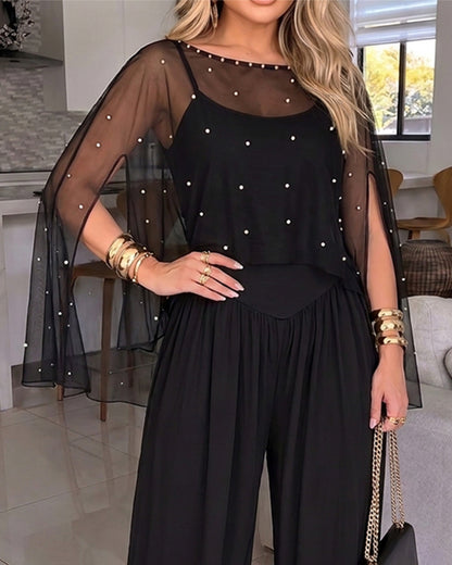 Women's 2-Piece Set Pearl Embellished Split Sleeve Chiffon Cape with Cami Lantern Jumpsuit